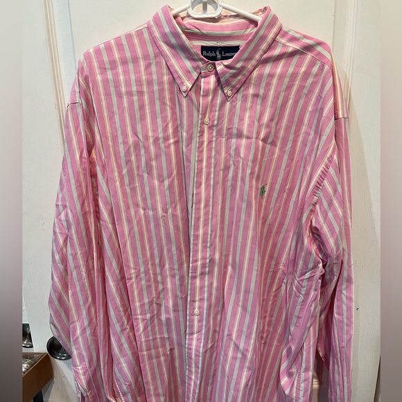 Polo Ralph Lauren XXL Mens Button Down Shirt Pink Green Stripe Green Pony - Picture 1 of 7